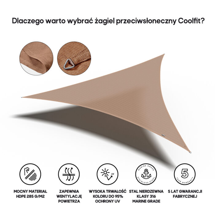 Żagiel przeciwsłoneczny – trójkąt 3,6 x 3,6 x 3,6 m kolor Piaskowy - obrazek 3