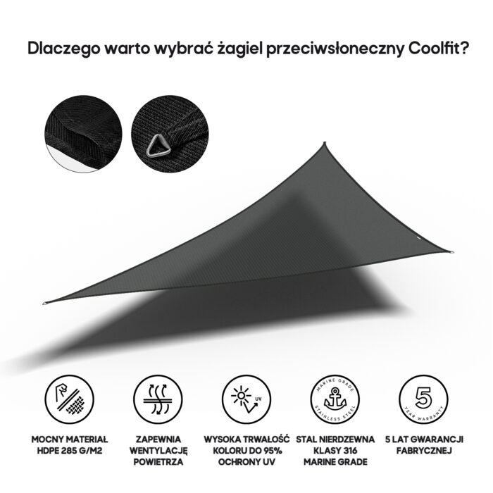 Żagiel przeciwsłoneczny – trójkąt 90° 5 x 5 x 7,1 m kolor Czarny - obrazek 3