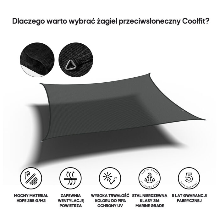 Żagiel – kwadrat 3,6 x 3,6 m kolor Czarny - obrazek 3