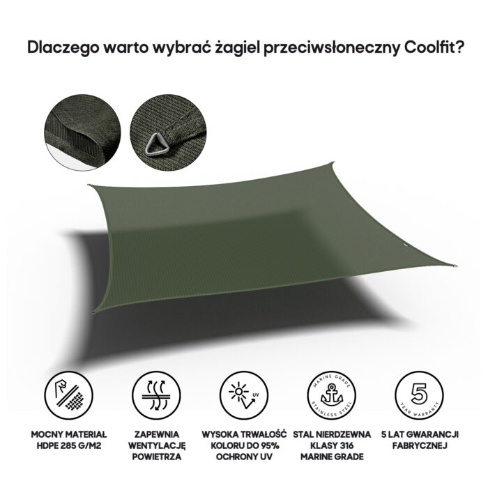Żagiel – kwadrat 3,6 x 3,6 m kolor Oliwkowy - obrazek 3