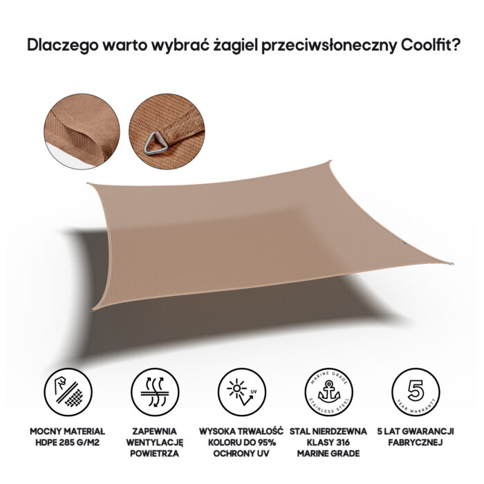 Żagiel – kwadrat 3,6 x 3,6 m kolor Piaskowy - obrazek 3