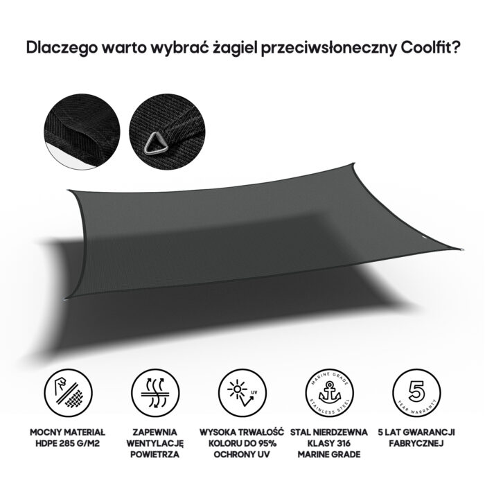 Żagiel – prostokąt 3 x 5 m kolor Czarny - obrazek 3