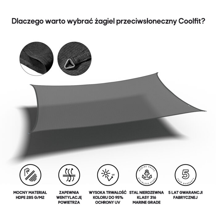 Żagiel przeciwsłoneczny - prostokąt 3 x 5m kolor Antracyt - obrazek 3