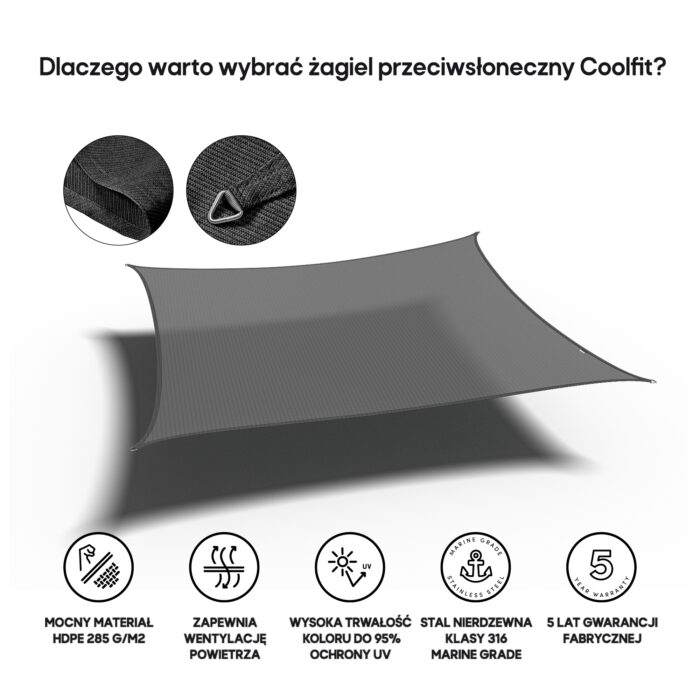 Żagiel – kwadrat 5 x 5 m kolor Antracyt - obrazek 3