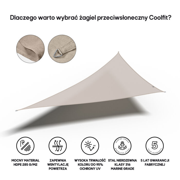 Żagiel przeciwsłoneczny - trójkąt 90° 5 x 5 x 7,1 m kolor Szarobeżowy - obrazek 3